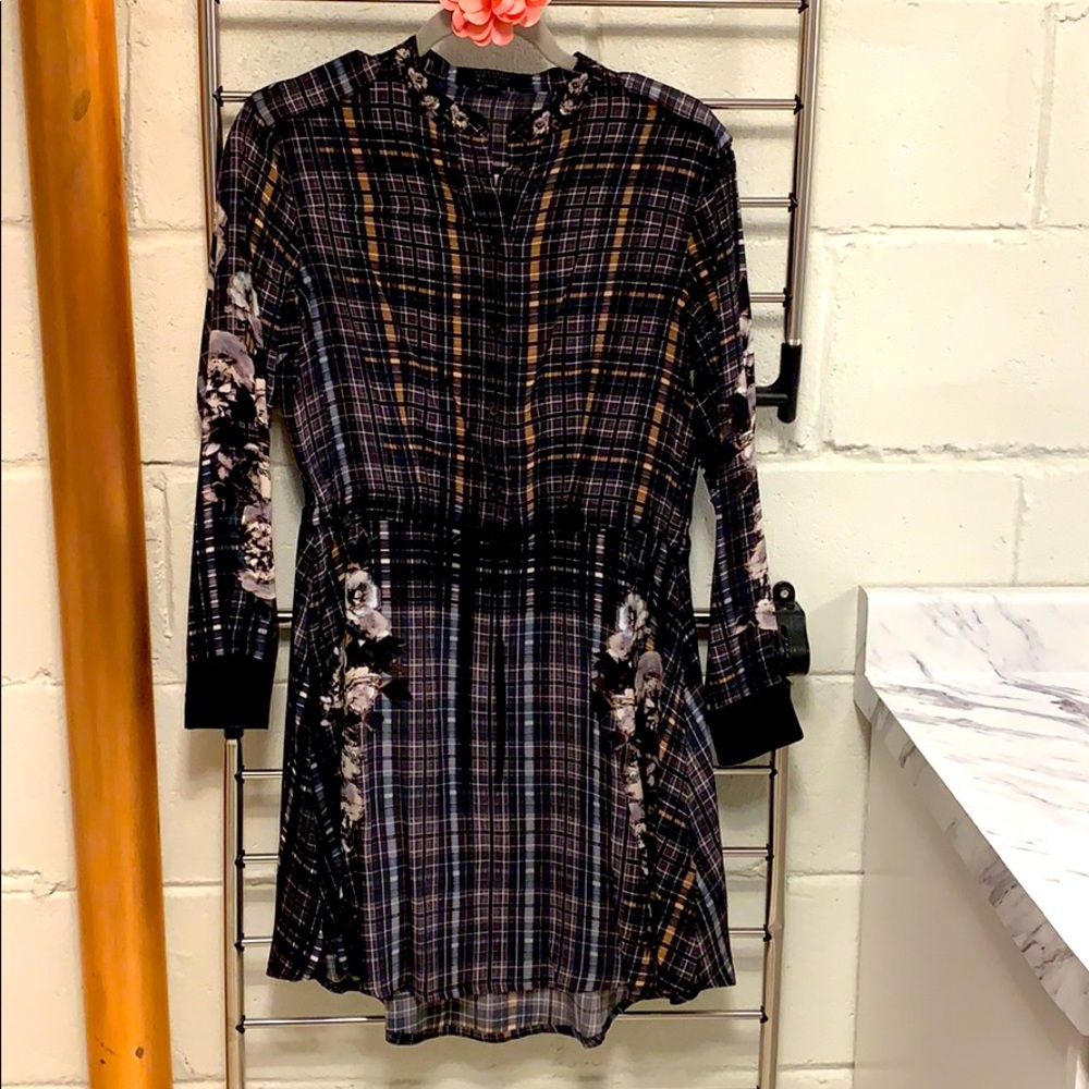 All Saints silk floral/ plaid shirt dress